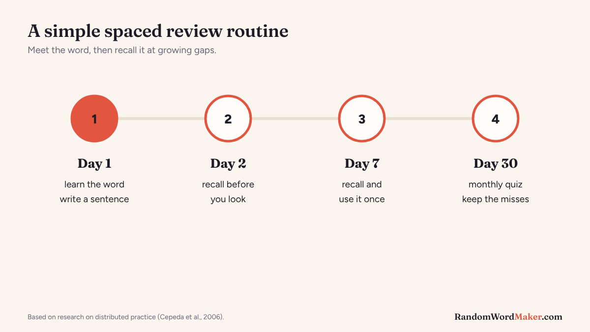 Timeline of a spaced review schedule for a new word
